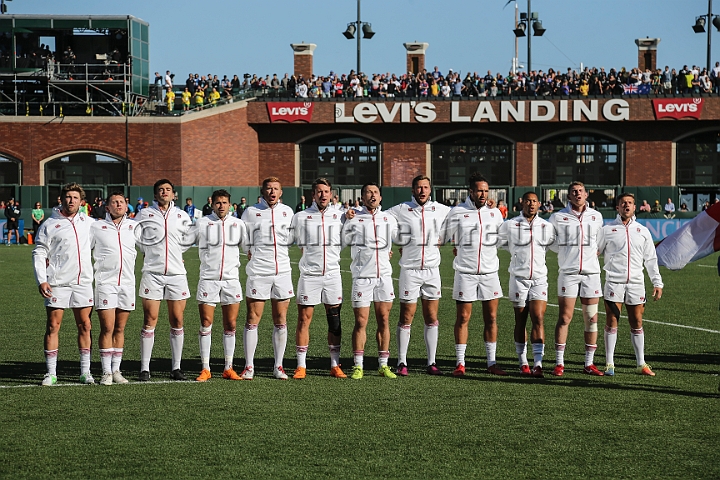 2018RugbySevensSun-23.JPG - England sings their national anthem prior to the match against New Zealand in the men's championship finals of the 2018 Rugby World Cup Sevens, Sunday, July 22, 2018, at AT&T Park, San Francisco. New Zealand defeated England 33-12.  (Spencer Allen/IOS via AP)